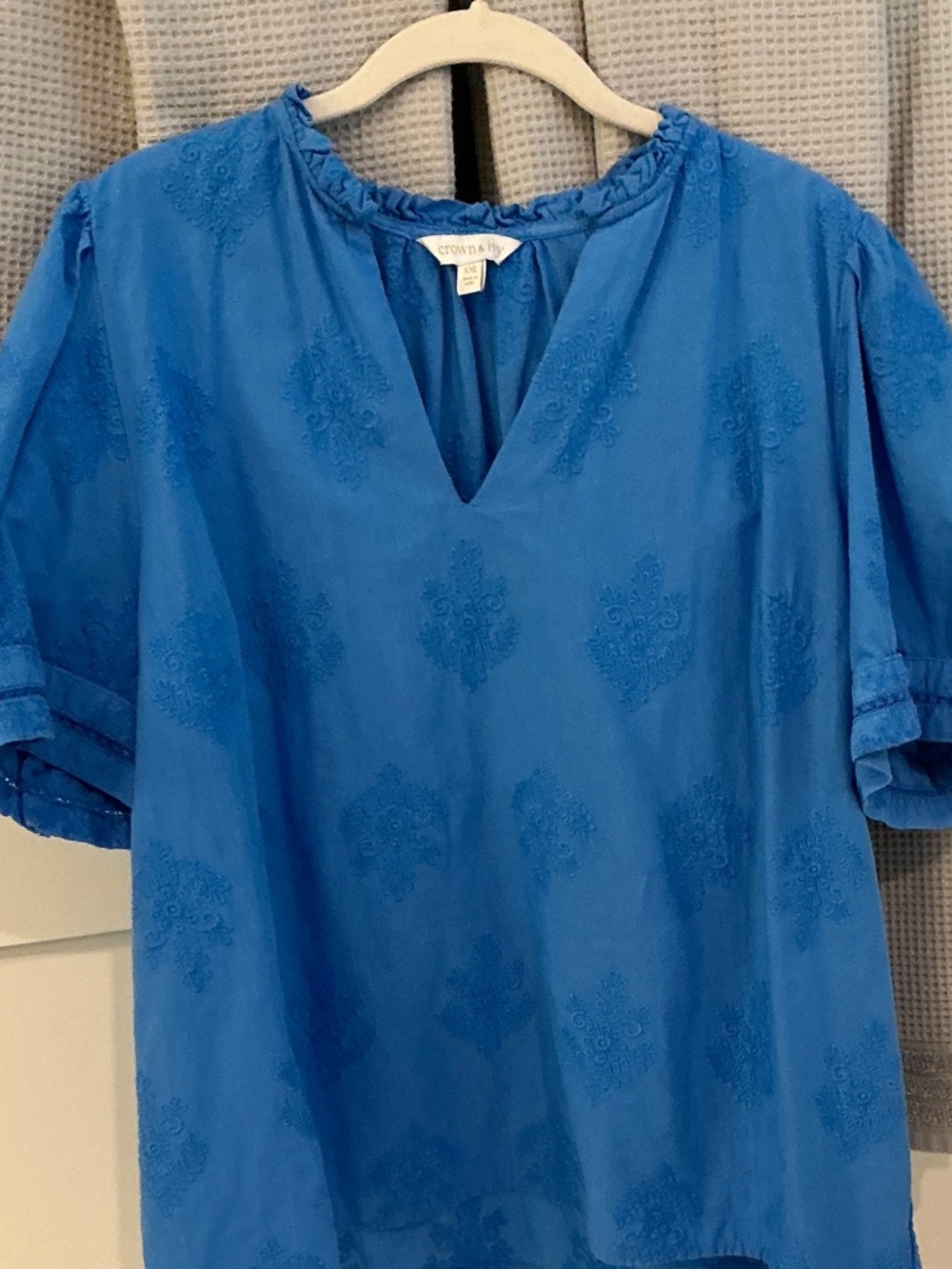 crown & ivy Bright Blue Short Sleeve Embroidered Blouse